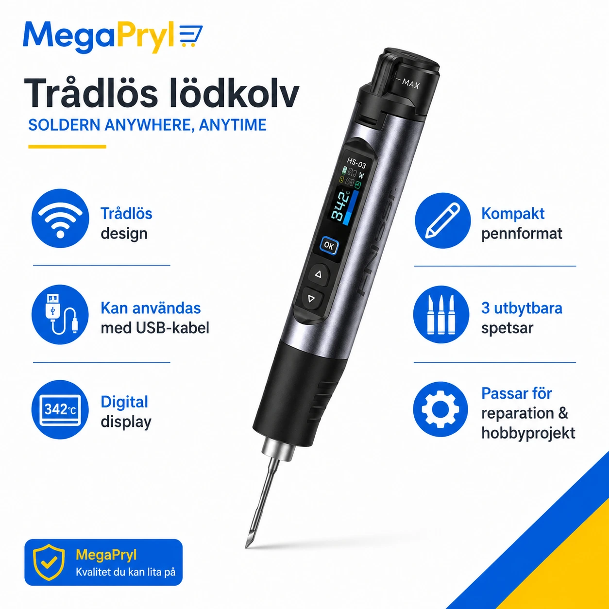 Lödkolv trådlös för reparation med USB-kabel och utbytbara spetsar