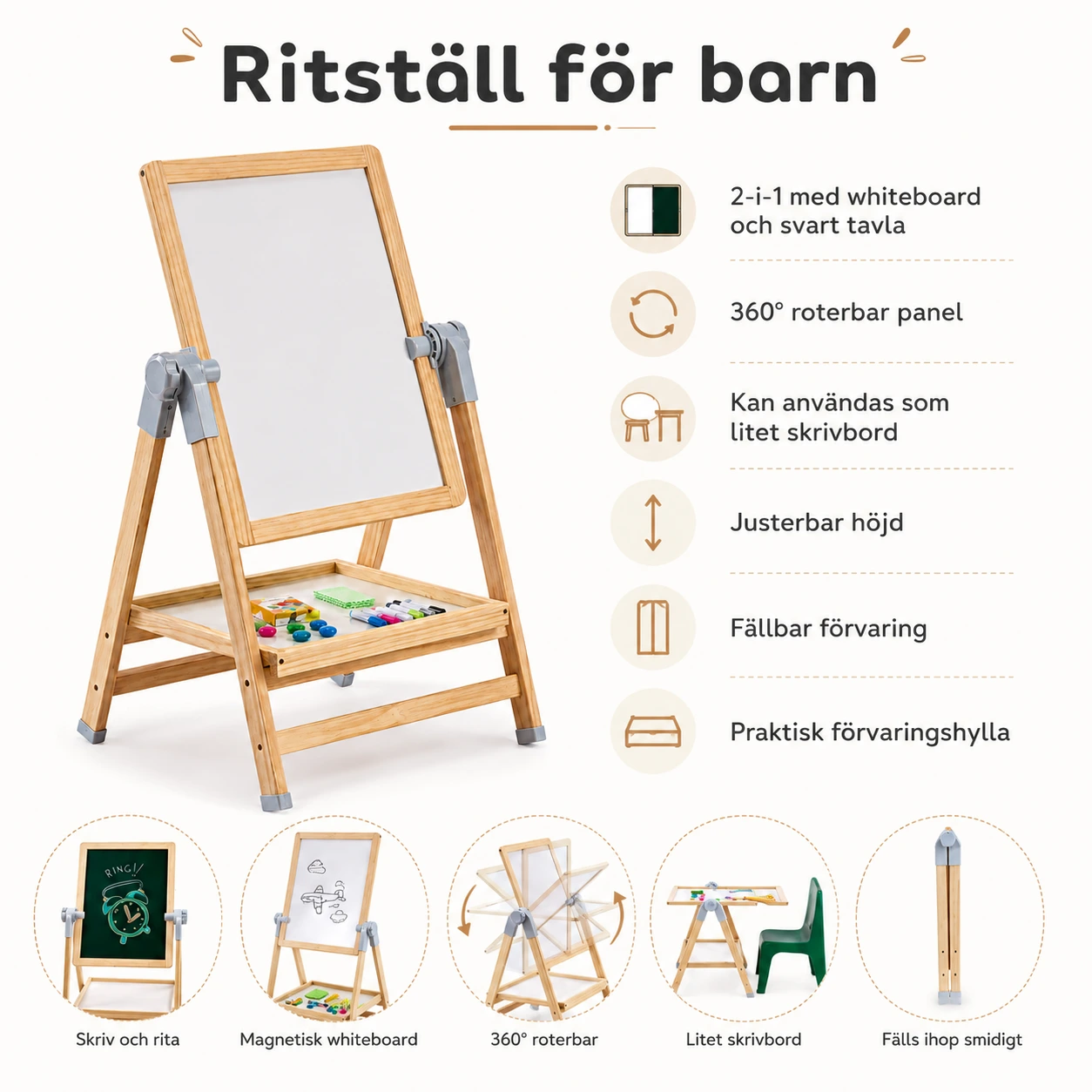 Ritställ för barn med whiteboard och svart tavla