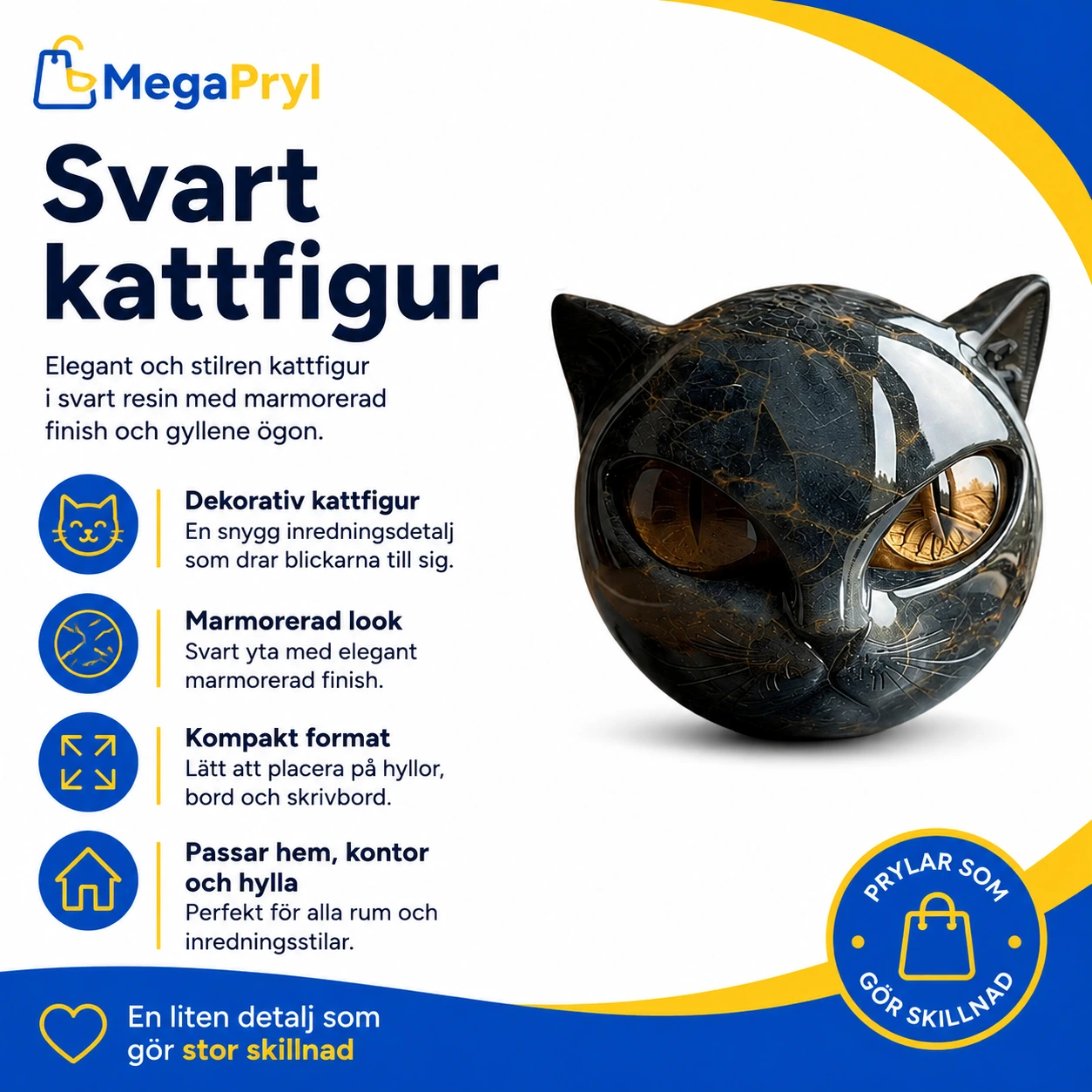 Svart kattfigur för heminredning i resin 8 x 8 cm
