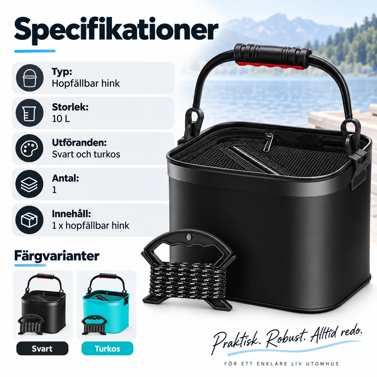 Kokoontaitettava vesiämpäri kalastukseen ja retkeilyyn, 10 L