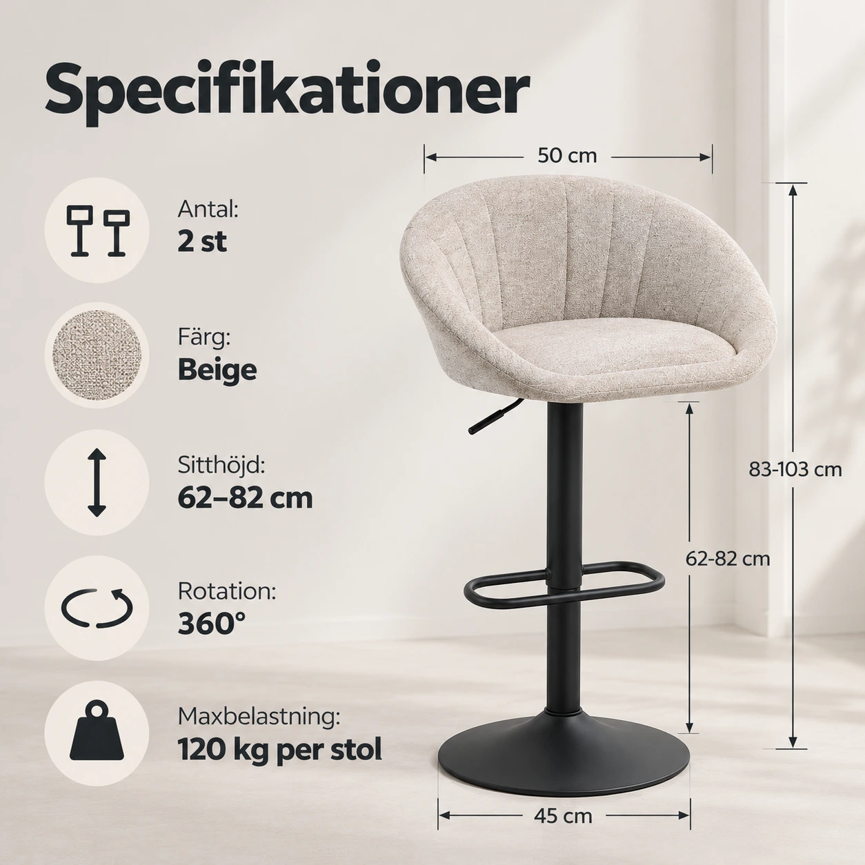 Barstolar för kök och bardisk, 2-pack med justerbar höjd