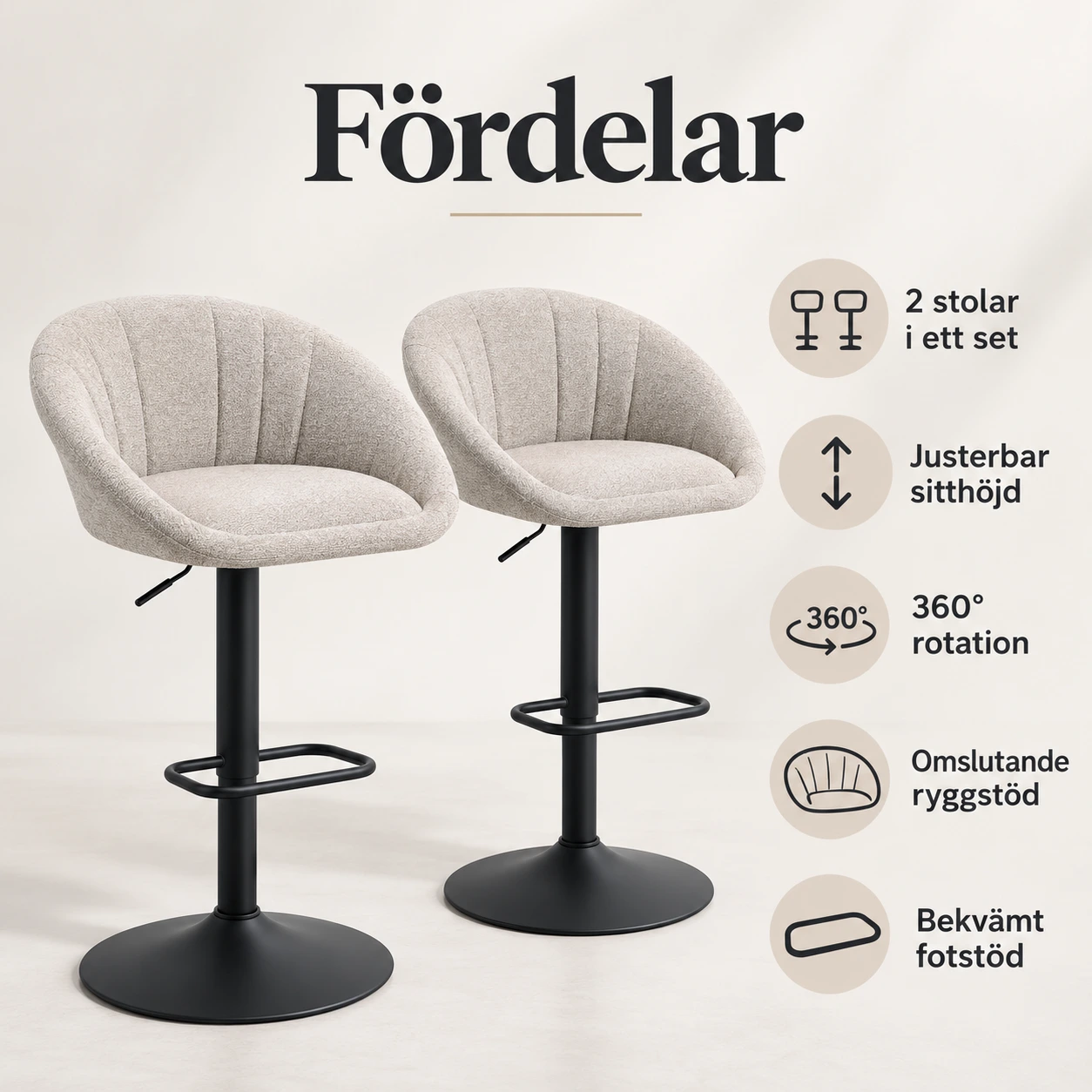 Barstolar för kök och bardisk, 2-pack med justerbar höjd