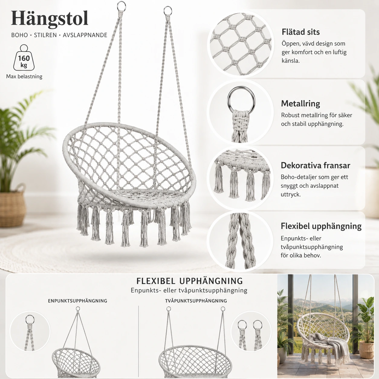 Hängstol för inom- och utomhusbruk med boho-design