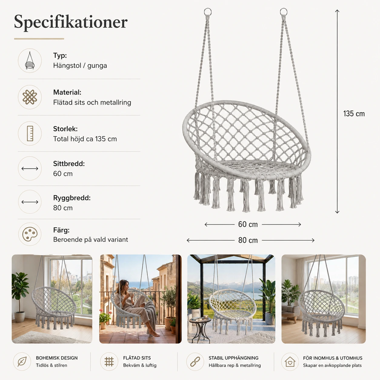 Hängstol för inom- och utomhusbruk med boho-design