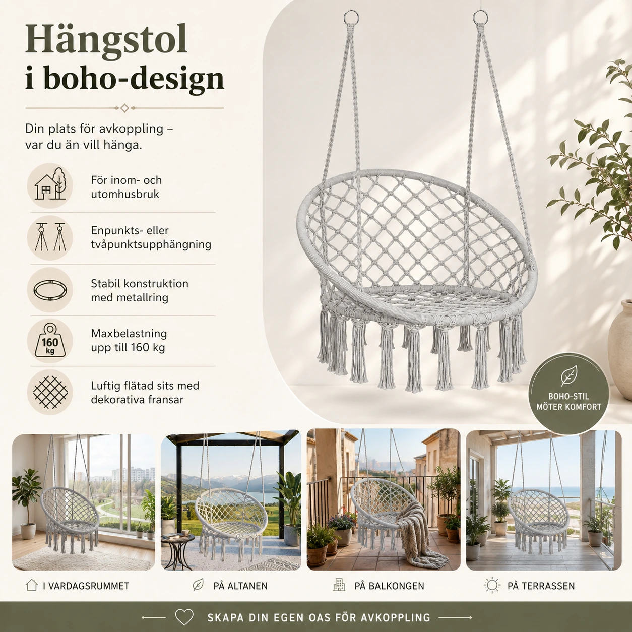 Hängstol för inom- och utomhusbruk med boho-design