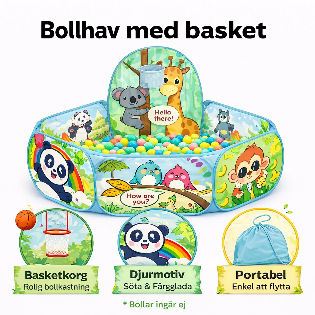 Bollhav med basket – lekpool för barn med djurmotiv