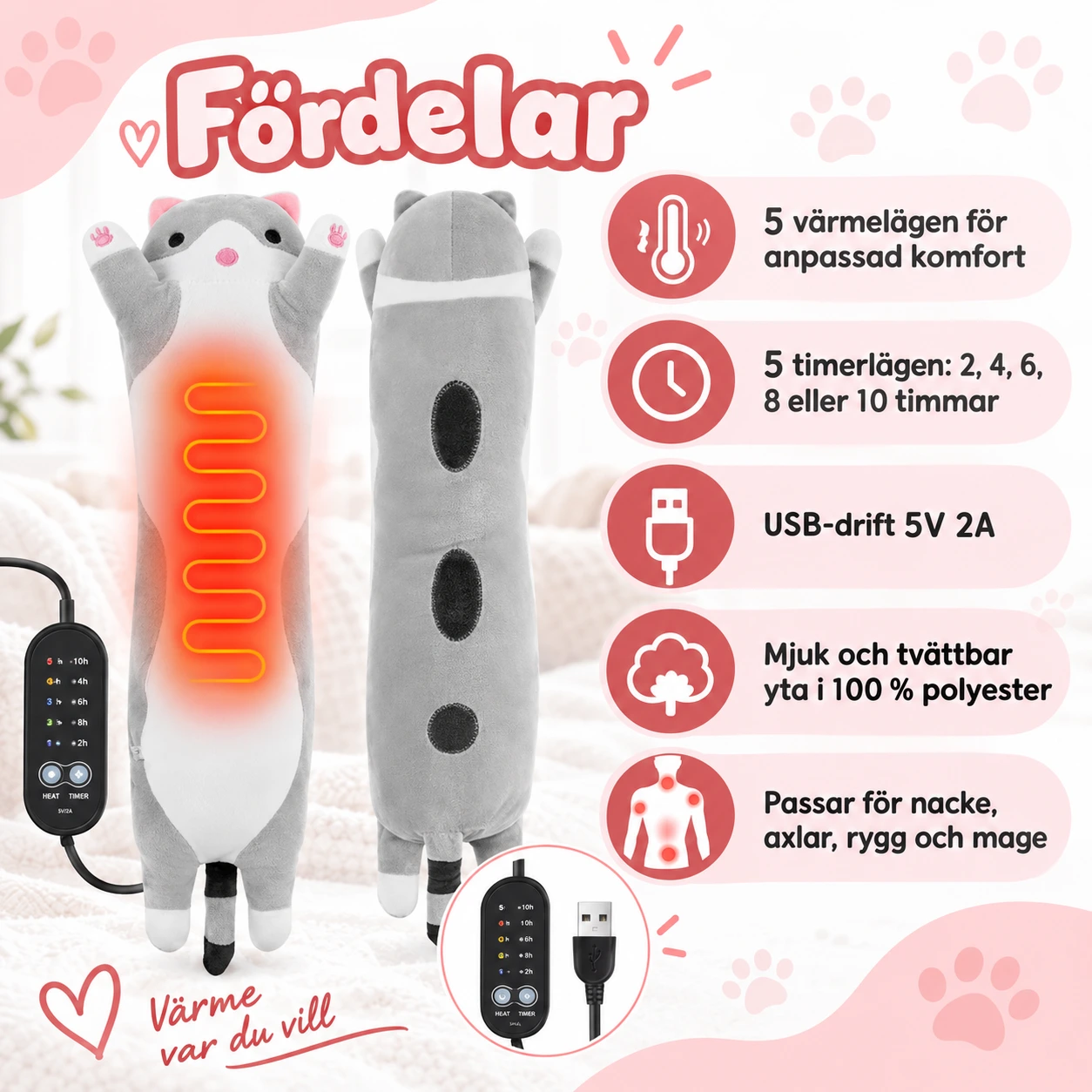 USB-värmekudde i kattform med 5 värmelägen