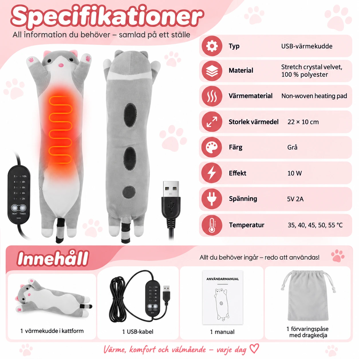 USB-värmekudde i kattform med 5 värmelägen