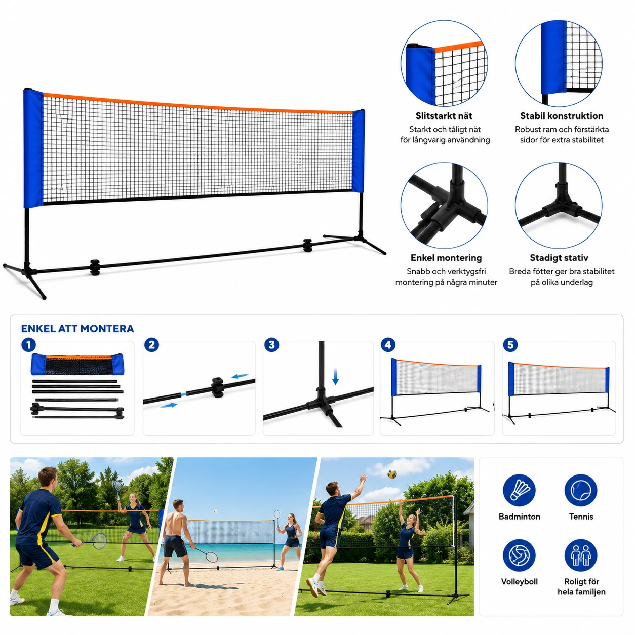 Badmintonnät Portabelt – Tennis & Volleyboll för Utomhusspel