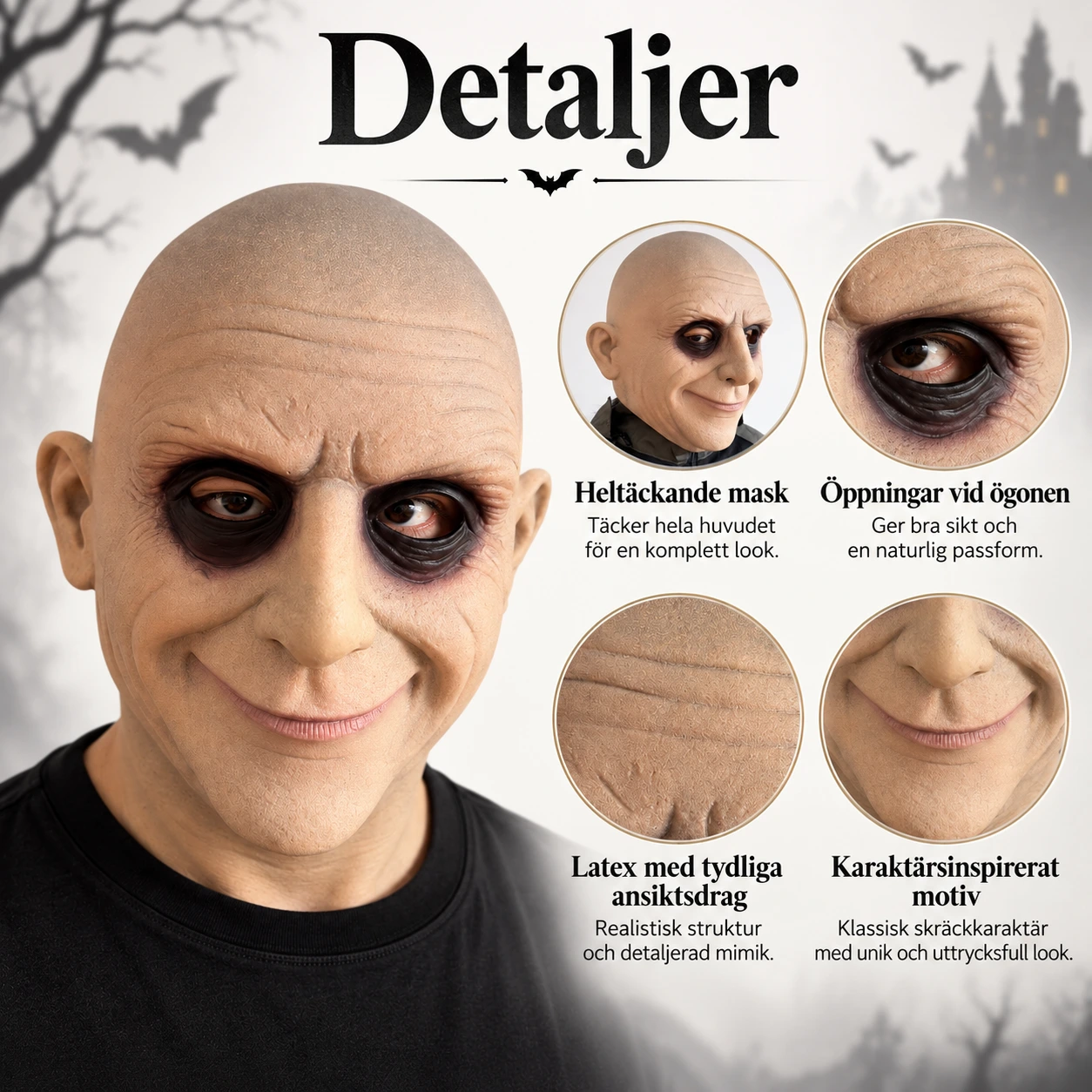 Mask Uncle Fester i latex, heltäckande vuxen