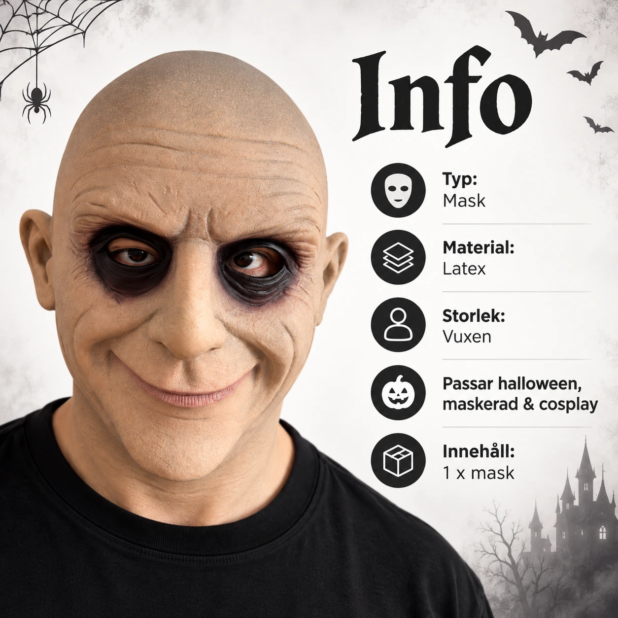 Mask Uncle Fester i latex, heltäckande vuxen