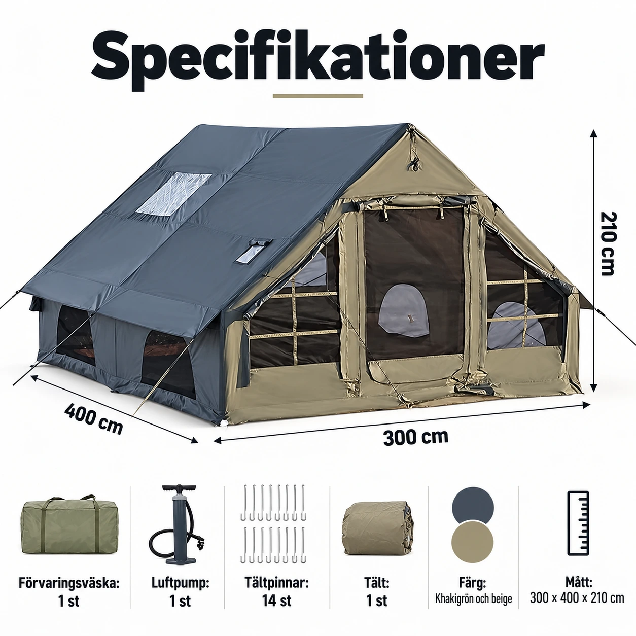 Uppblåsbart campingtält med kaminöppning 300 x 400 cm