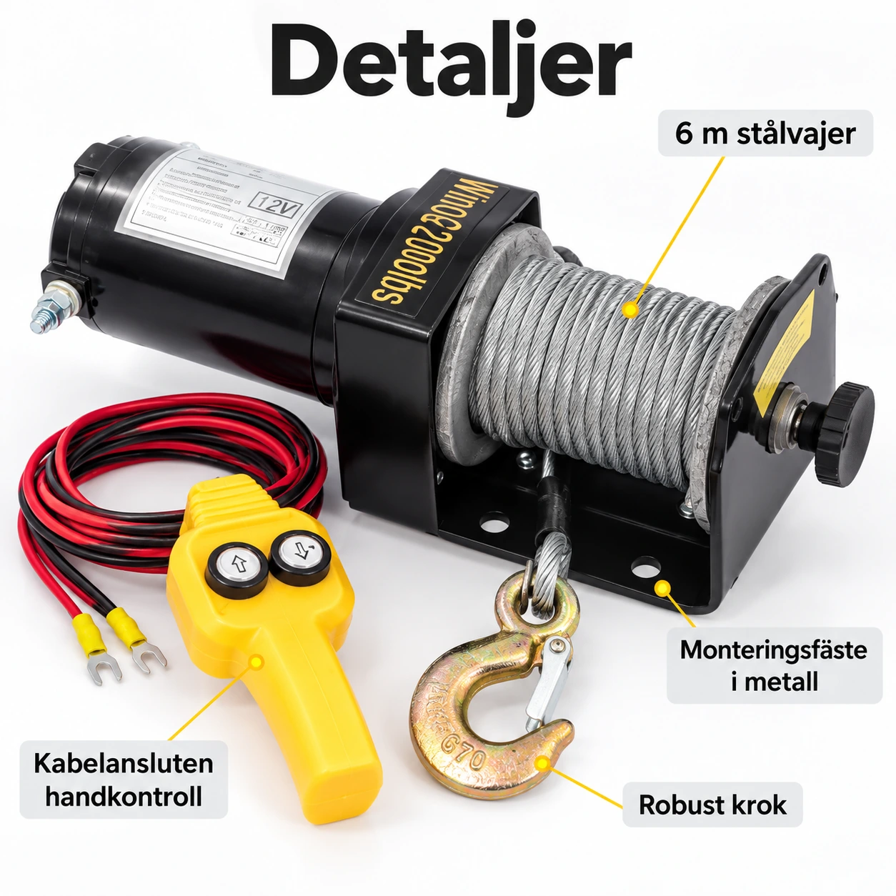 Elektrisk vinsch 12V med wired handkontroll