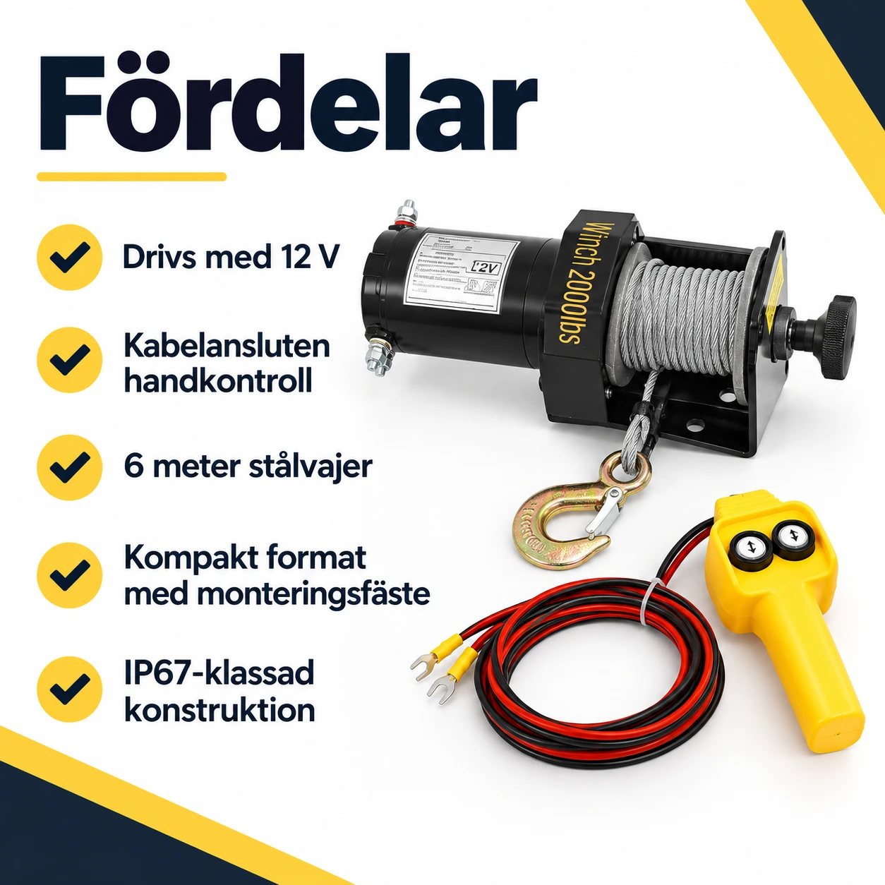 Elektrisk vinsch 12V med wired handkontroll