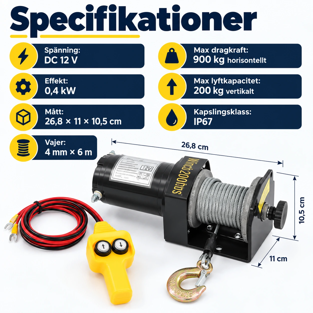 Elektrisk vinsch 12V med wired handkontroll
