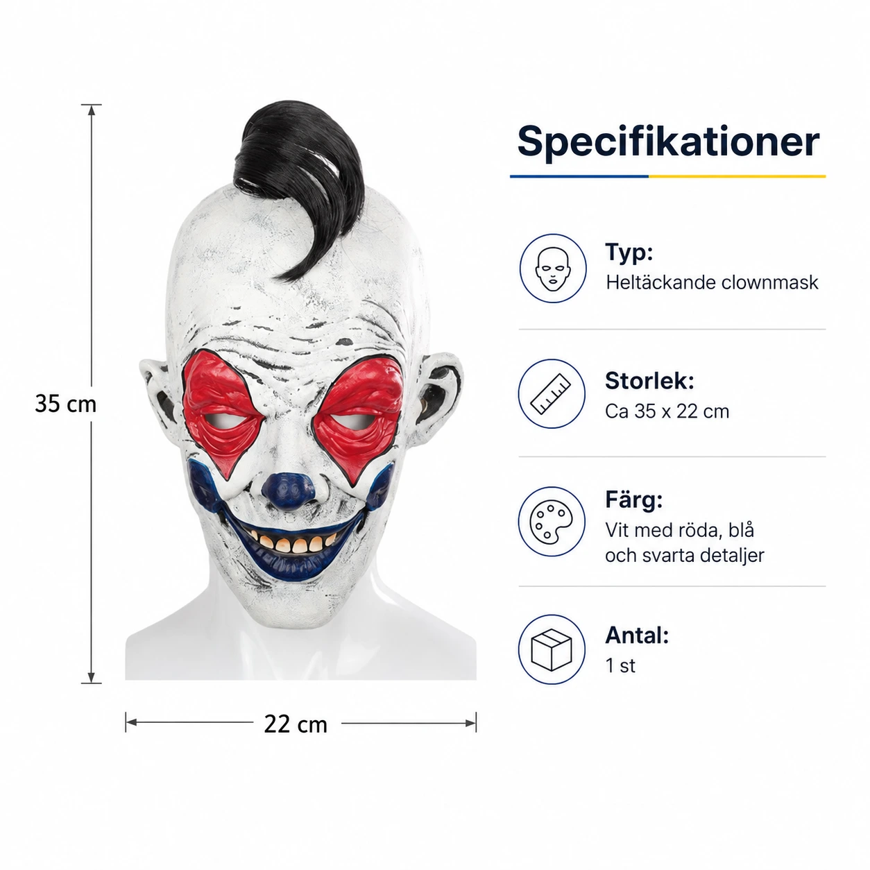 Läskig clownmask för vuxna med heltäckande design