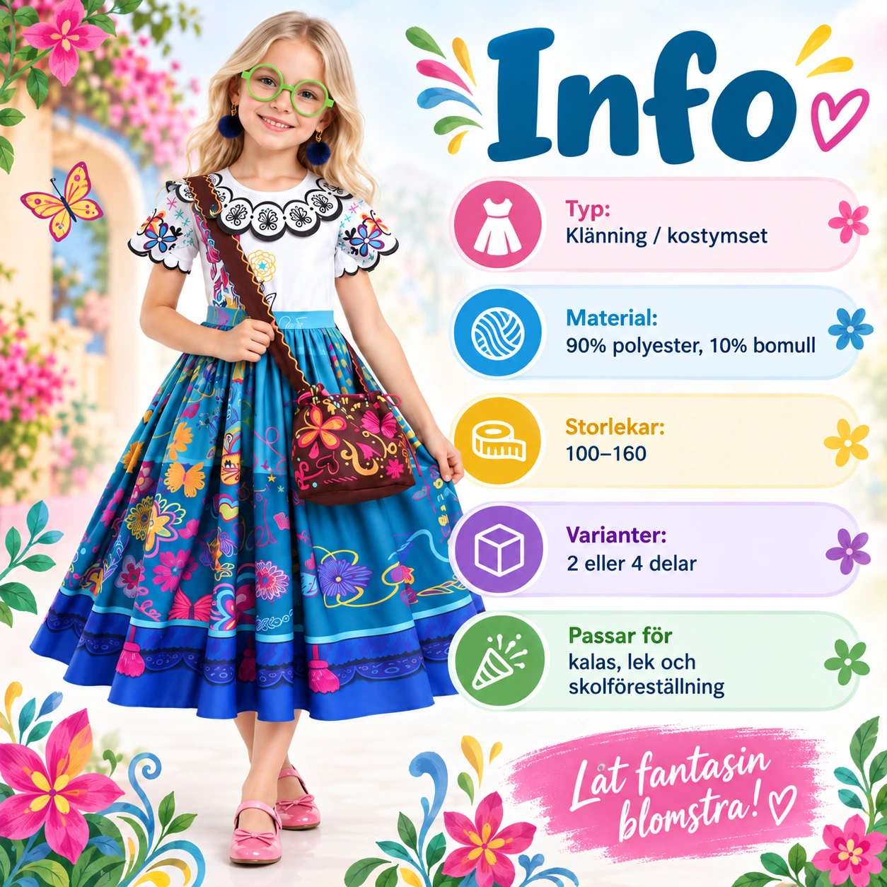 Monivärinen lasten mekko, laukku ja silmälasit