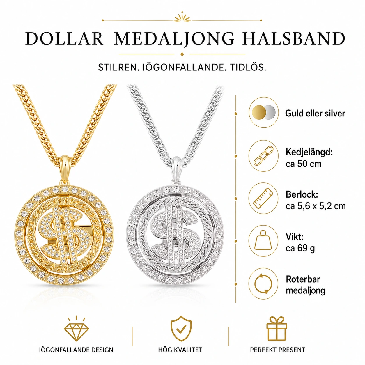 Dollarhalsband Rund Medaljong – Guld & Silver