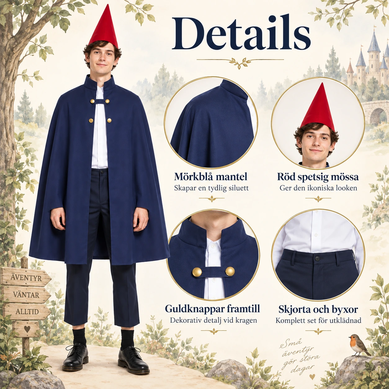 Mörkblå Tecknad Pojkdräkt med Röd Spetsig Mössa och Mantel