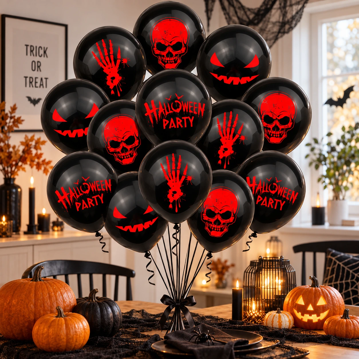 Mustat Halloween-ilmapallot painatuksella – 12 kpl