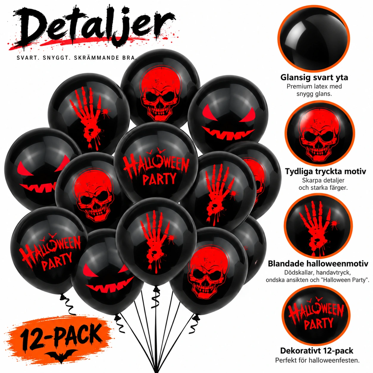 Mustat Halloween-ilmapallot painatuksella – 12 kpl
