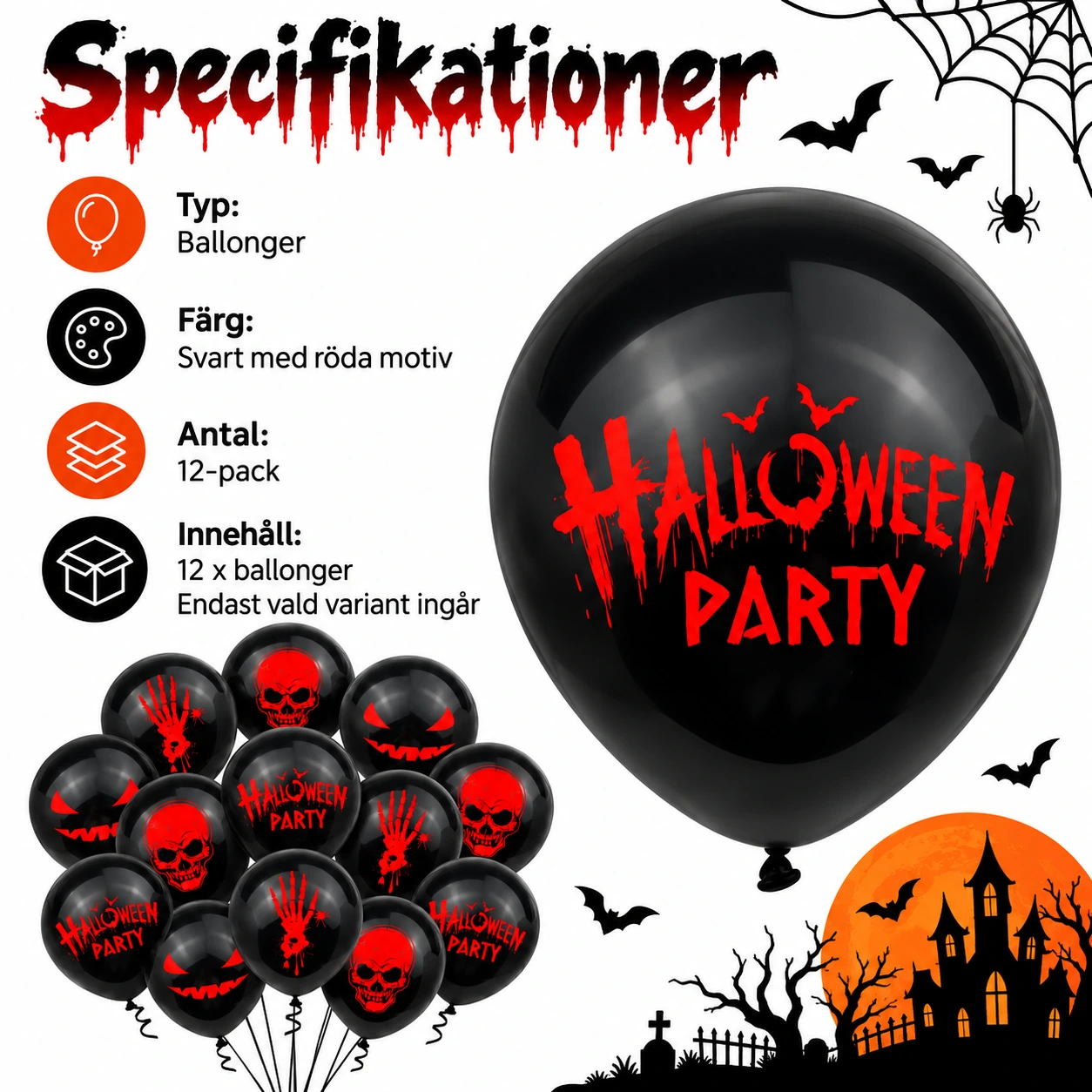 Halloweenballonger med tryck, 12-pack