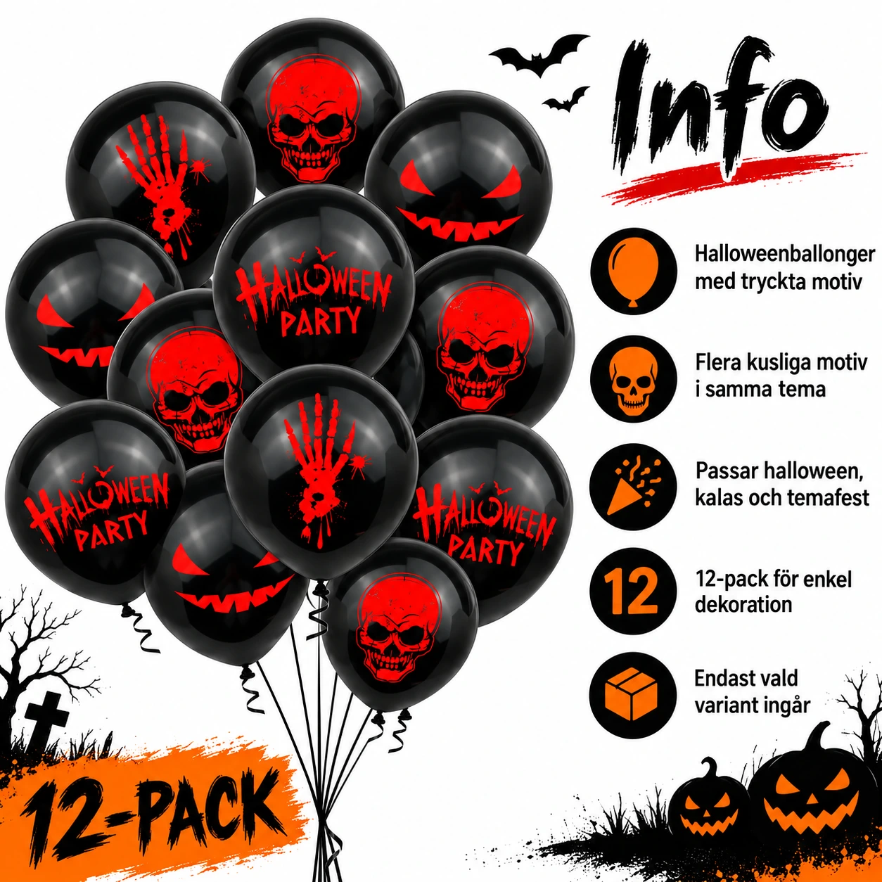 Mustat Halloween-ilmapallot painatuksella – 12 kpl