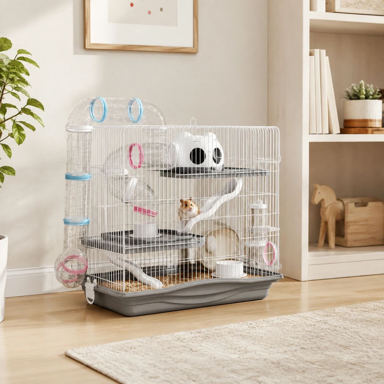 Hamsterbur i tre nivåer med tunnel och tillbehör