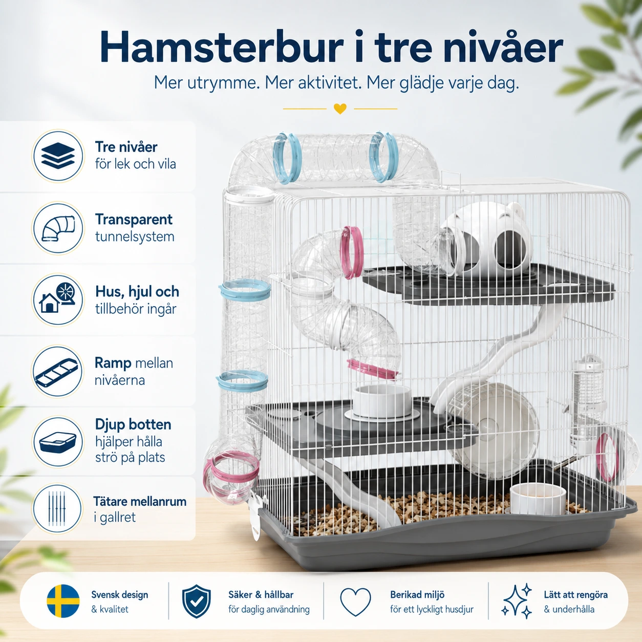 Hamsterbur i tre nivåer med tunnel och tillbehör