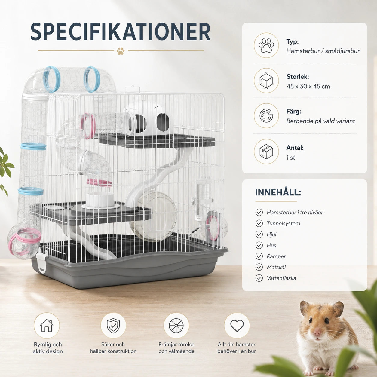 Hamsterbur i tre nivåer med tunnel och tillbehör