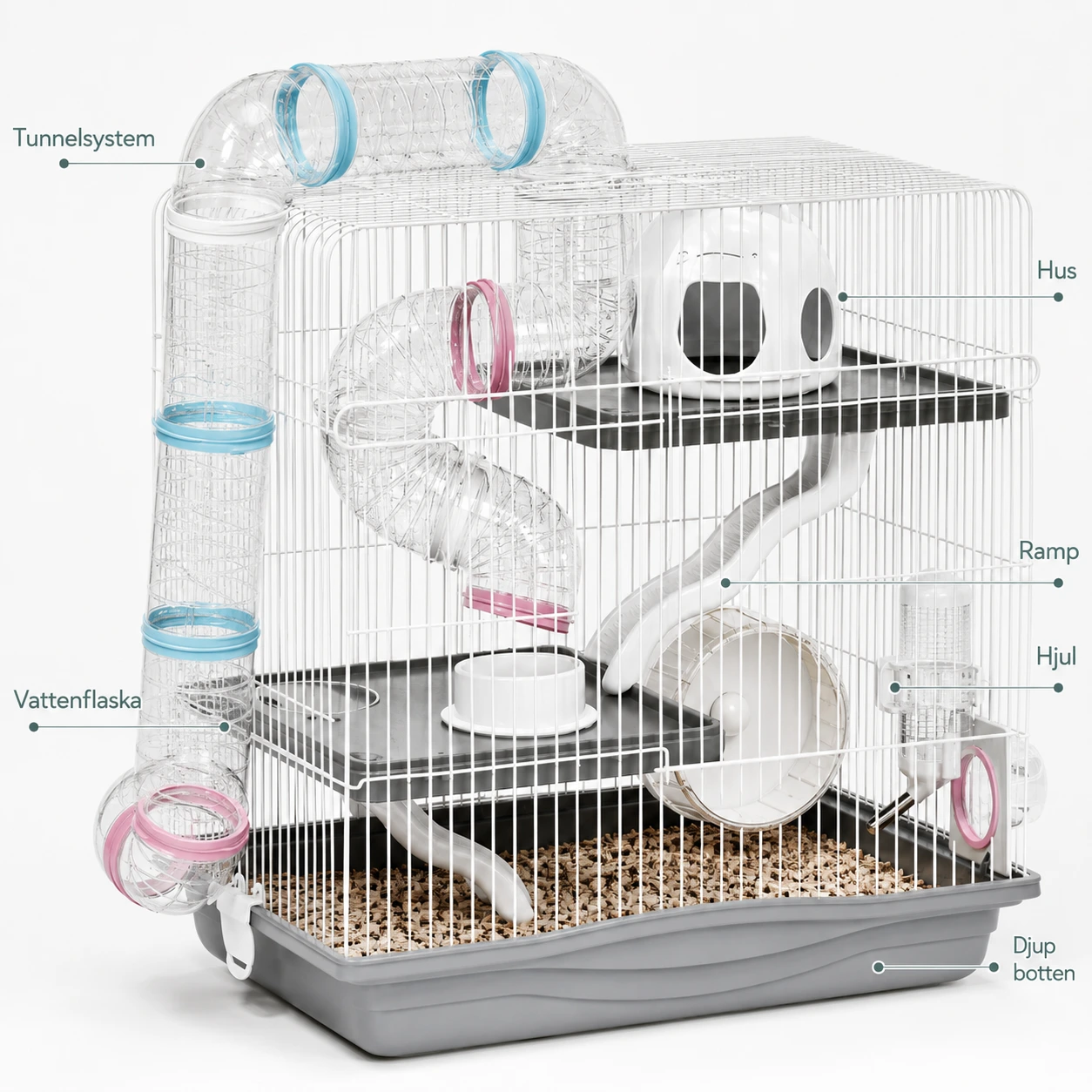 Hamsterbur i tre nivåer med tunnel och tillbehör