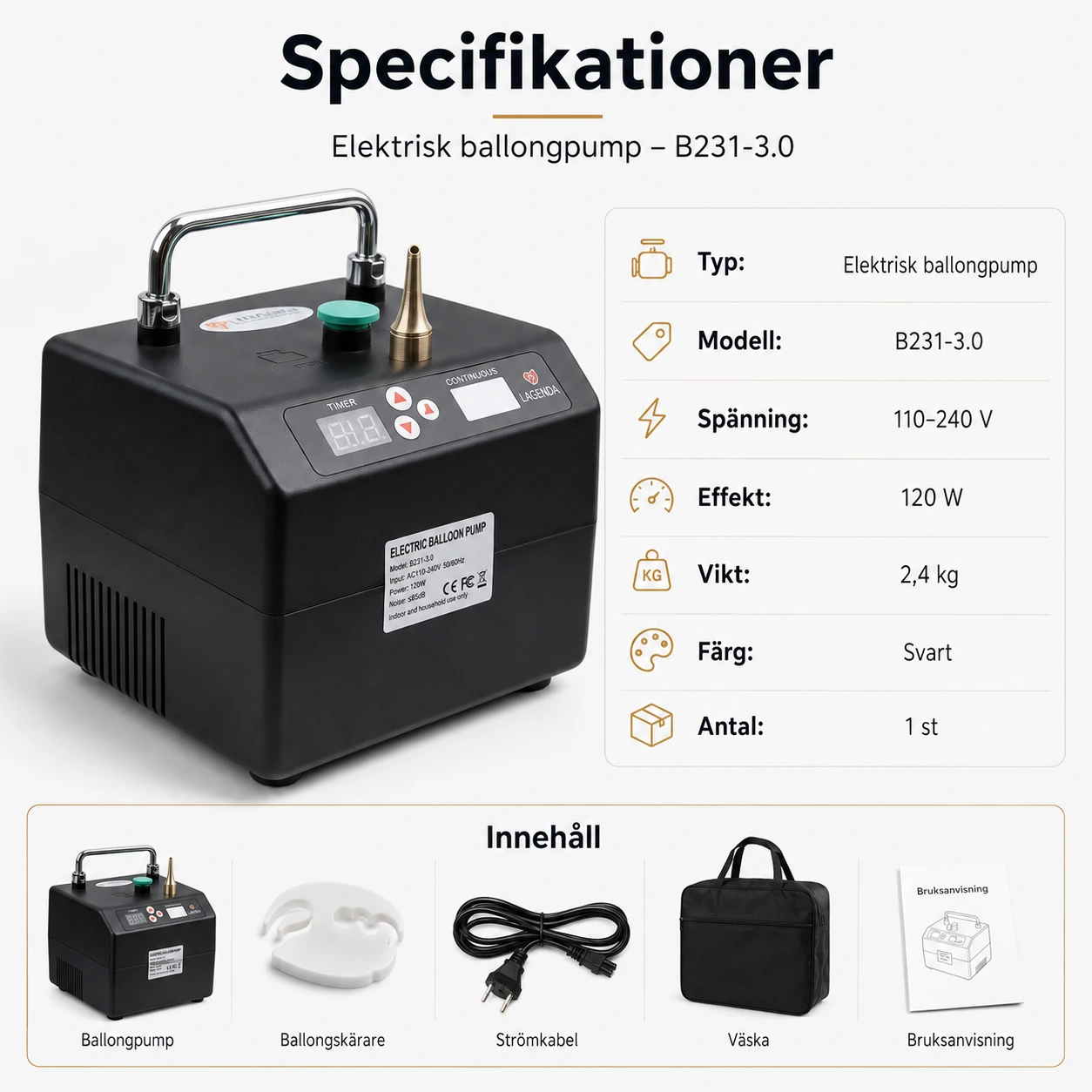 Elektrisk ballongpump med dubbla munstycken och timer