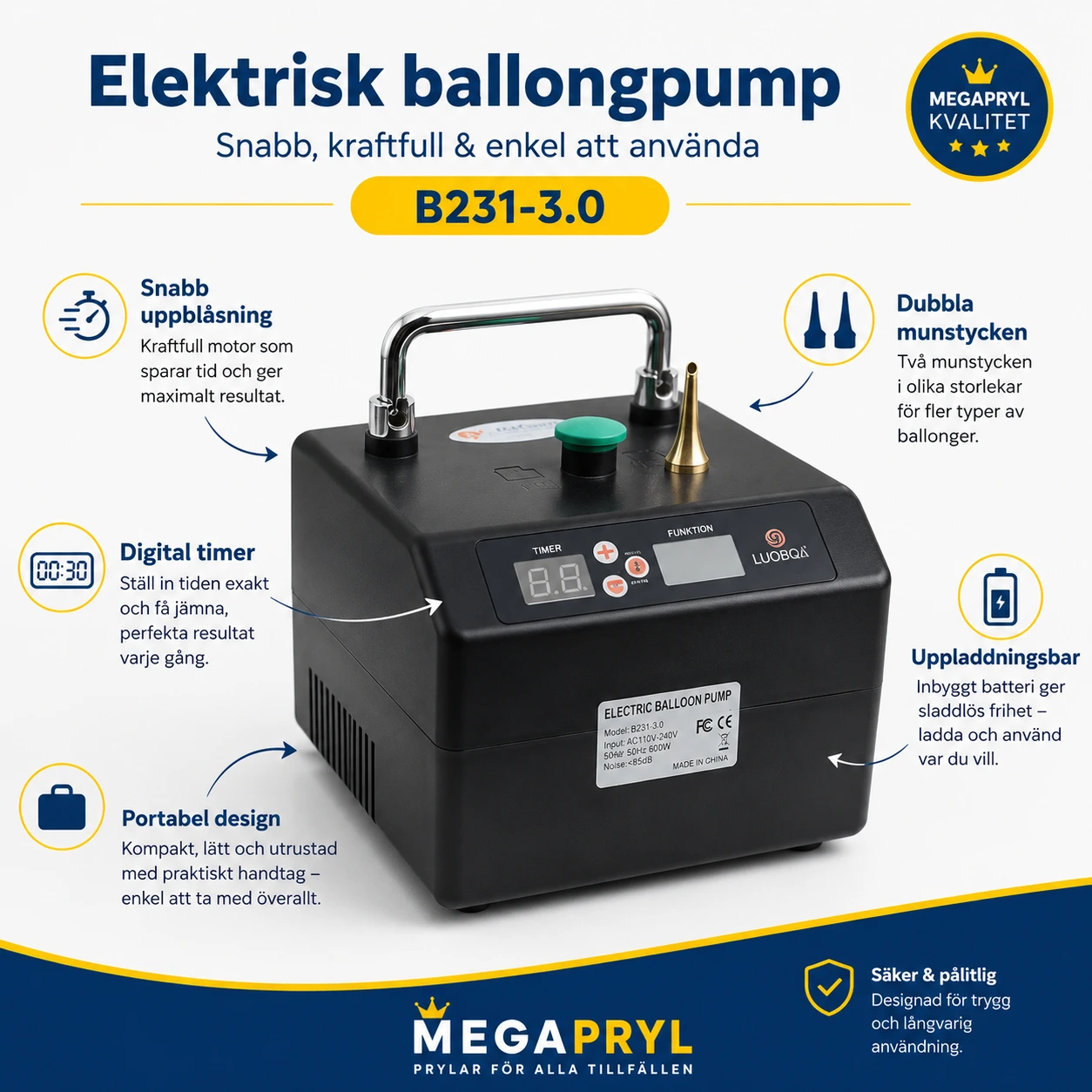 Elektrisk ballongpump med dubbla munstycken och timer