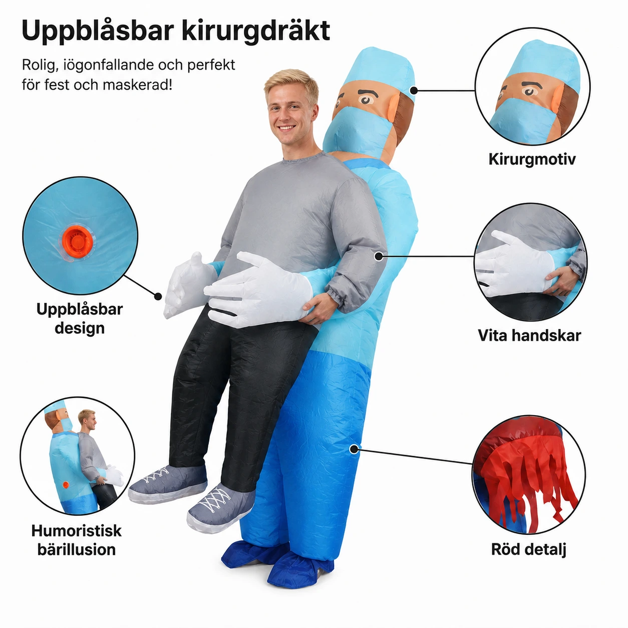 Uppblåsbar kirurgdräkt för maskerad och halloween