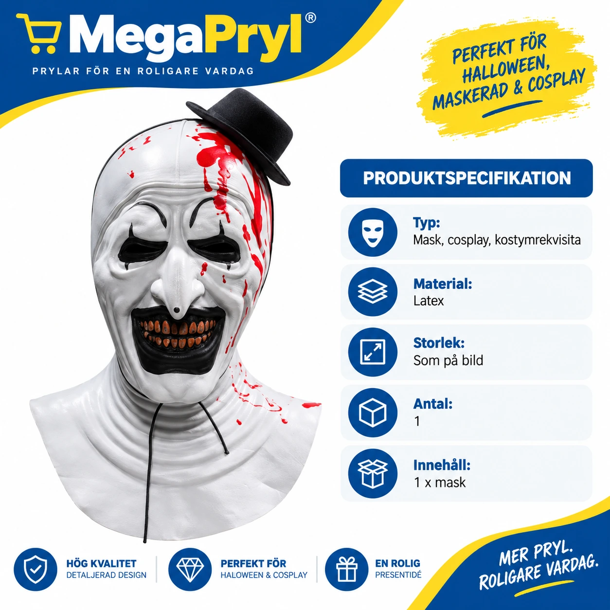 Clownmask för halloween och cosplay i latex