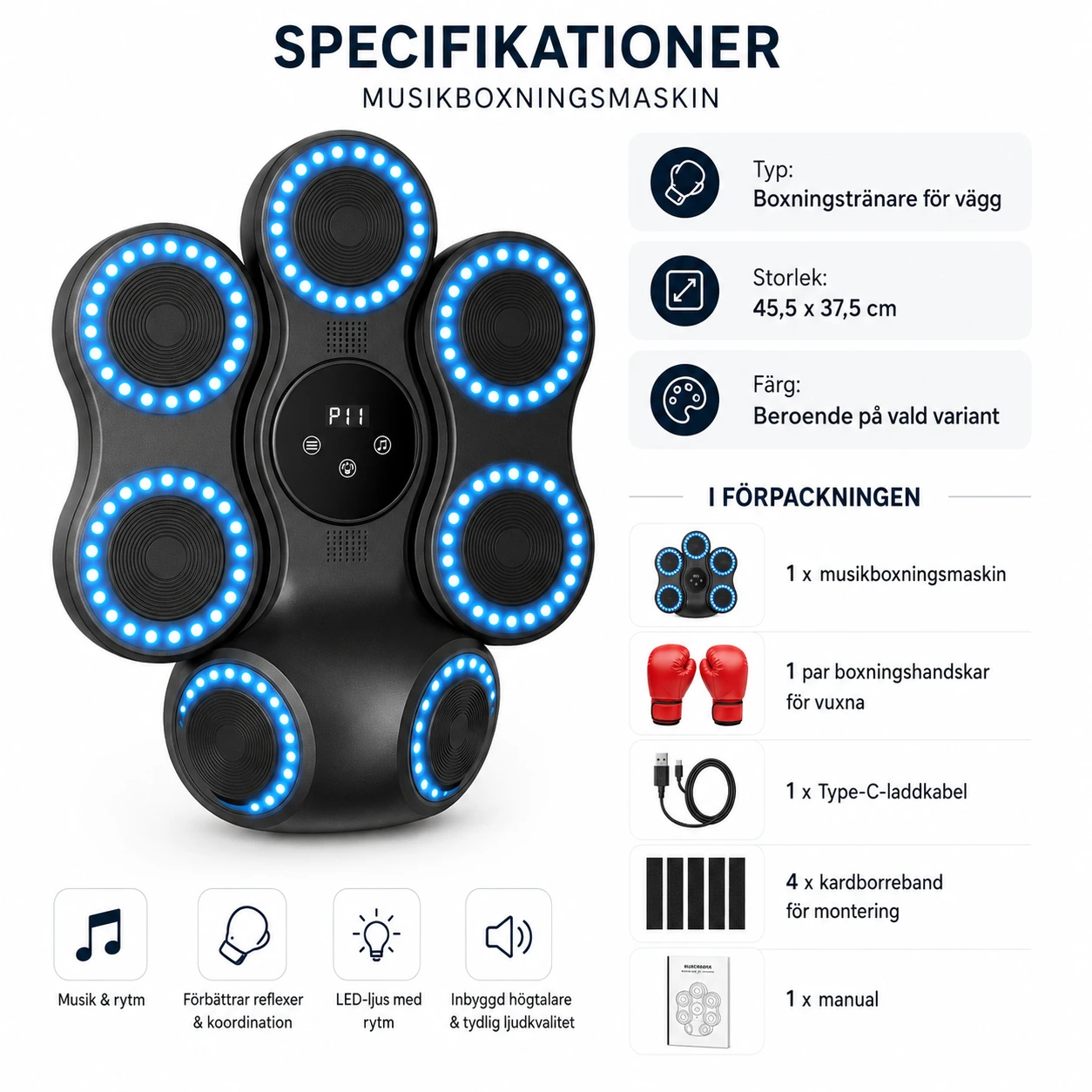 Musikboxningsmaskin för hemmaträning med LED och Bluetooth