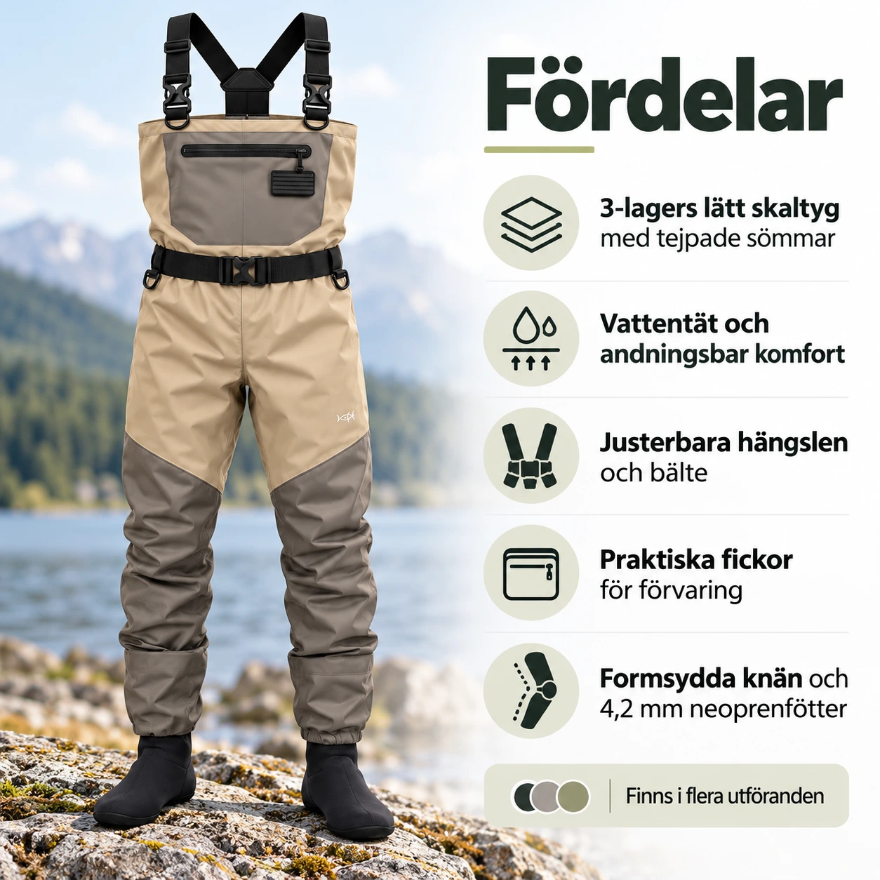 Andningsbara bröstvadare för fiske med stocking foot