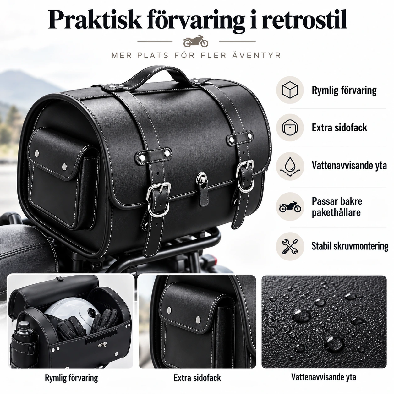 Motorcykelväska för pakethållare i retrostil, svart