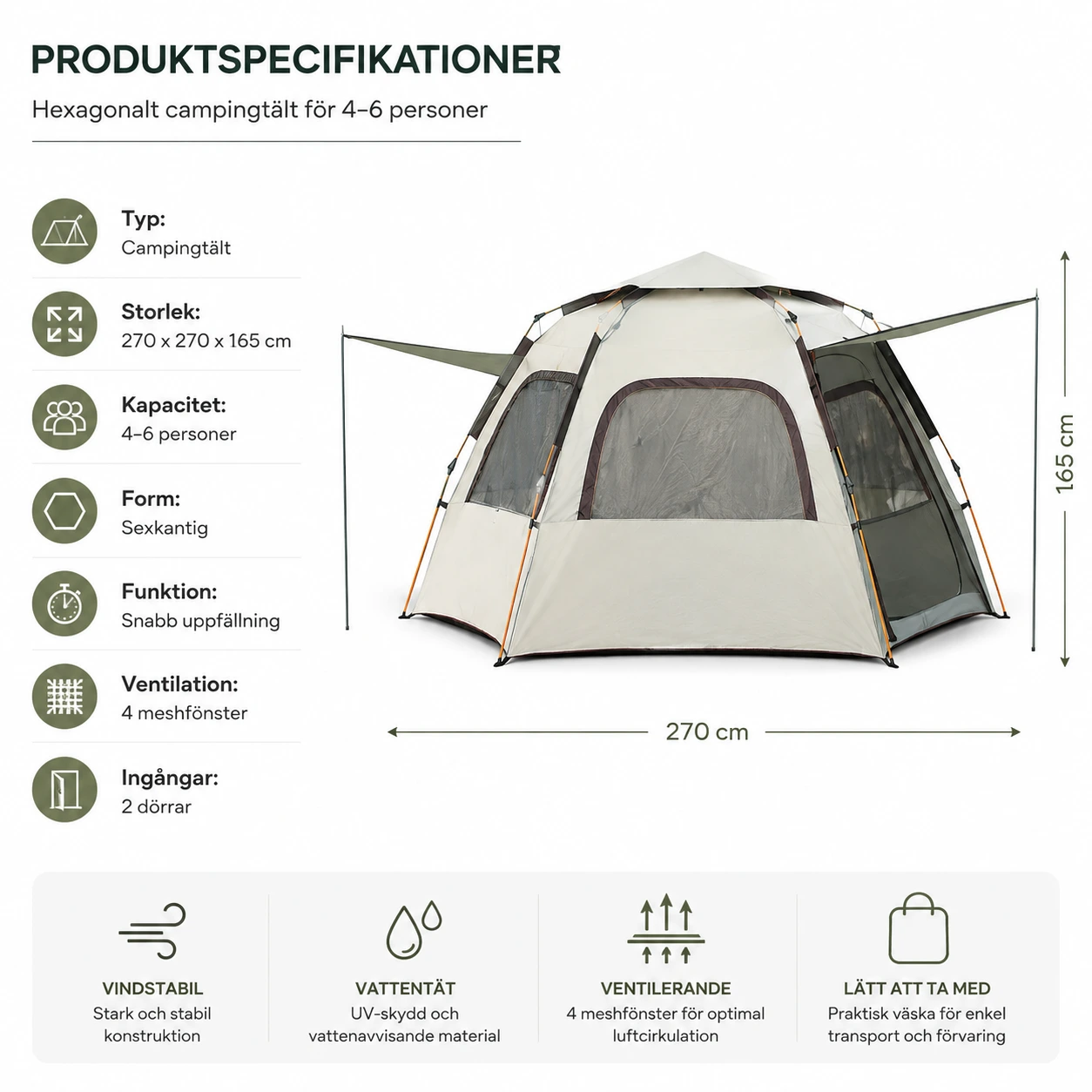 Campingtält med snabb uppfällning för 4–6 personer
