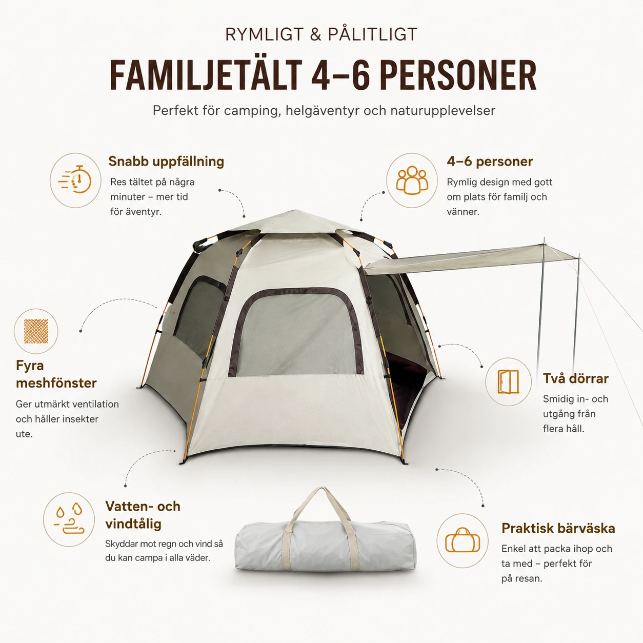 Campingtält med snabb uppfällning för 4–6 personer