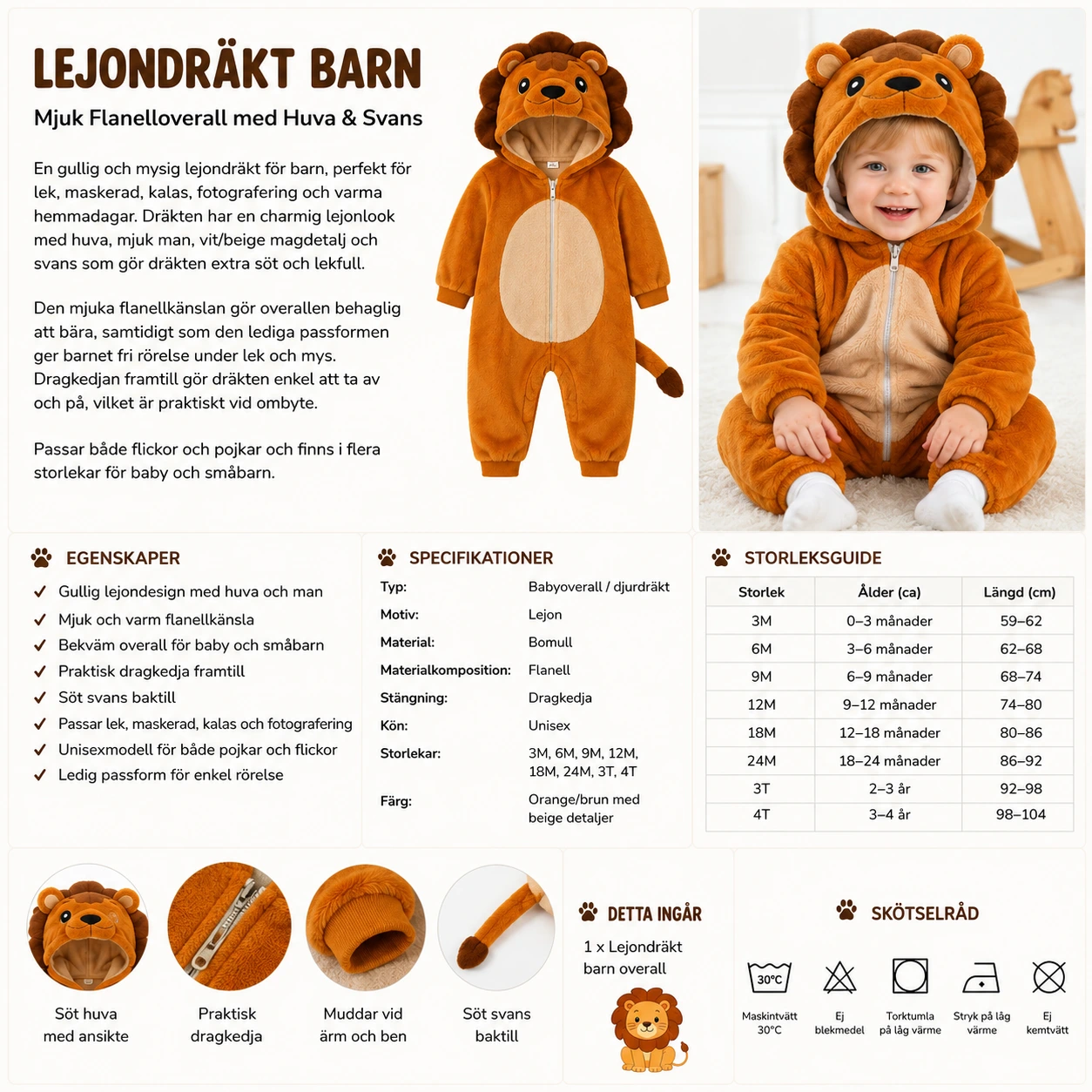 Lejondräkt Barn – Mjuk Flanelloverall med Huva & Svans
