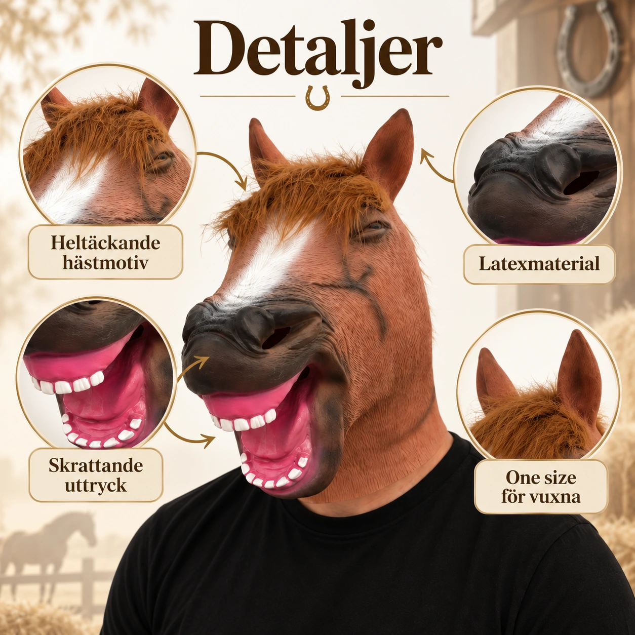 Mask häst i latex för vuxna, heltäckande