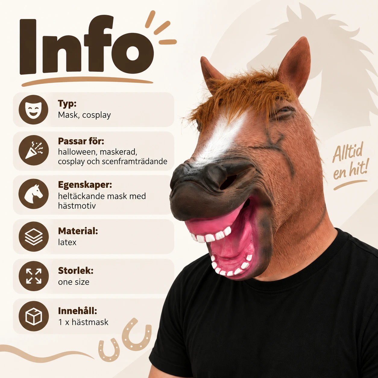 Mask häst i latex för vuxna, heltäckande