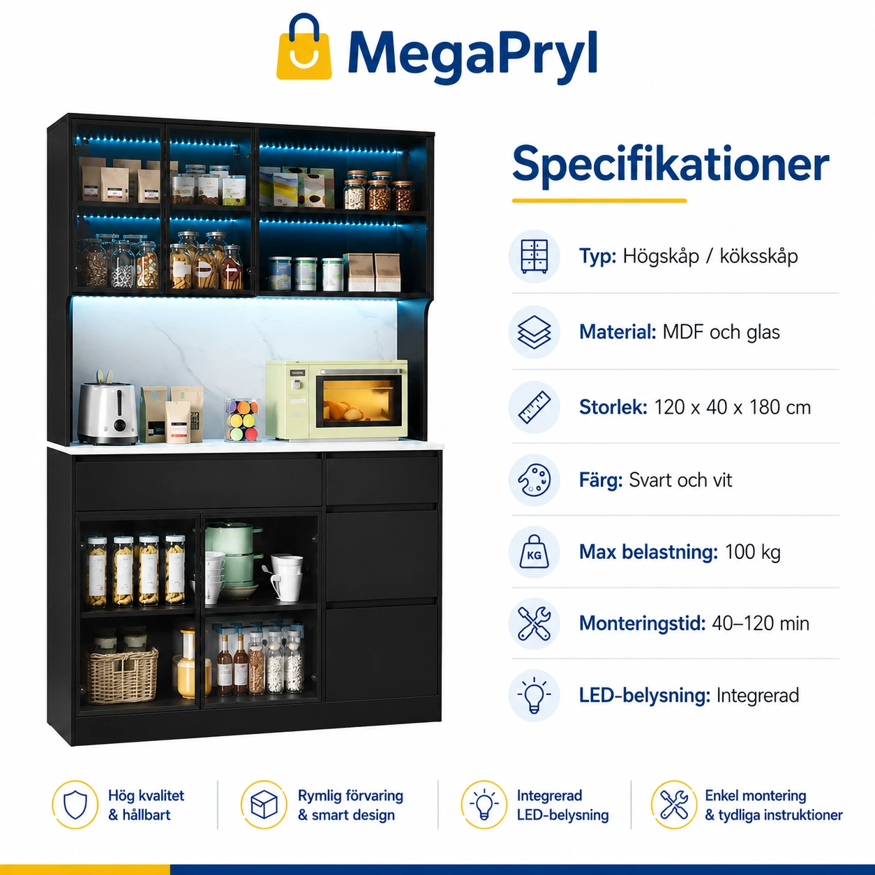 Köksskåp med vitrindelar och LED-belysning 120 x 40 x 180 cm