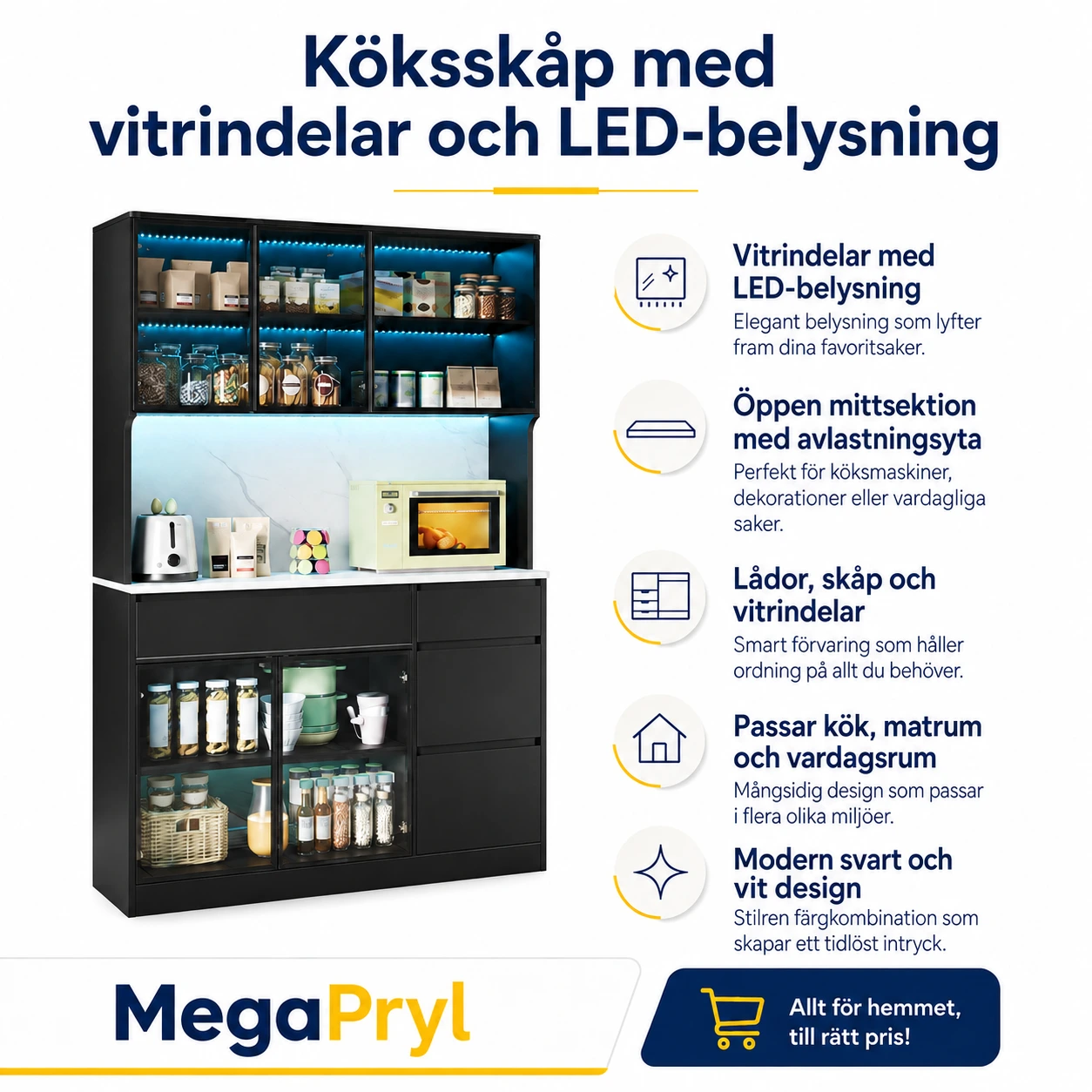 Köksskåp med vitrindelar och LED-belysning 120 x 40 x 180 cm