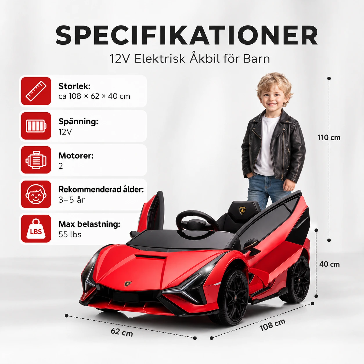 Elbil för barn 12V med fjärrkontroll och LED-belysning