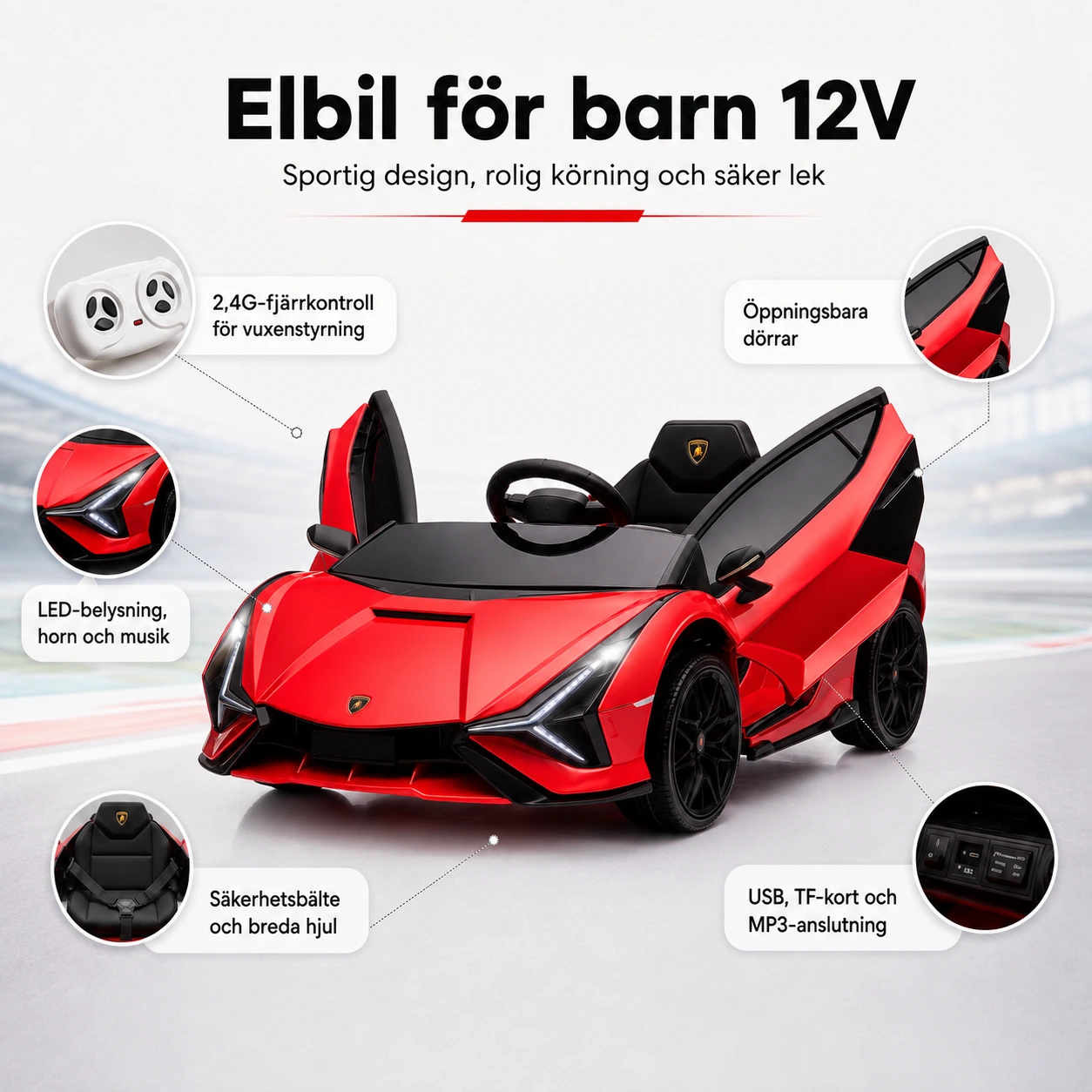 Elbil för barn 12V med fjärrkontroll och LED-belysning