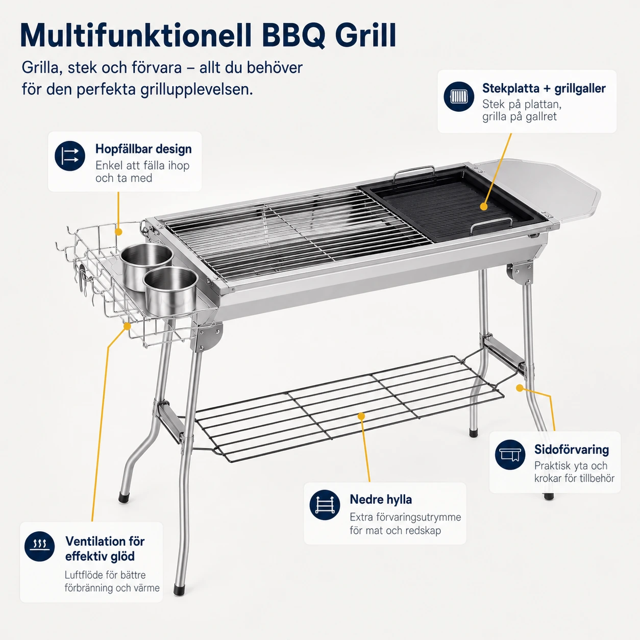 Kolgrill i Rostfritt Stål med Stekplatta och Förvaring