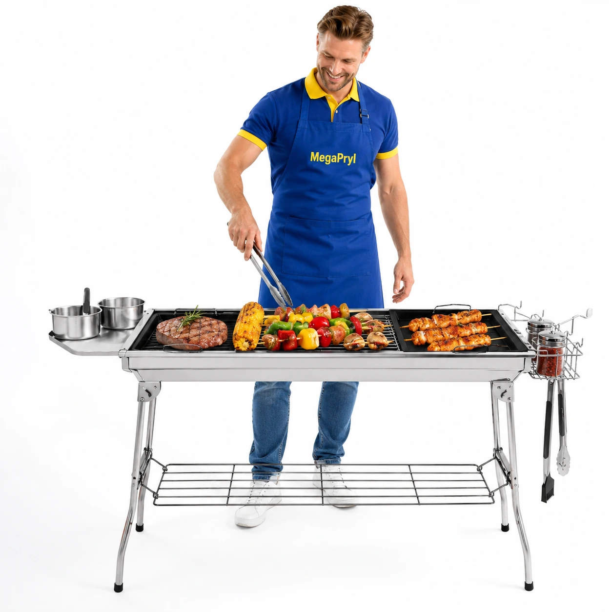 Kolgrill i Rostfritt Stål med Stekplatta och Förvaring
