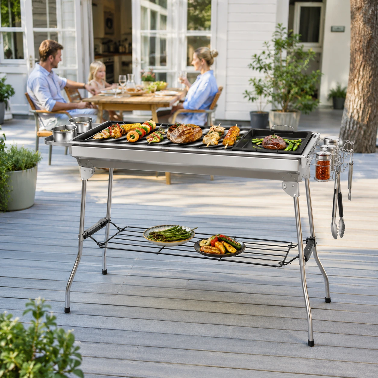 Kolgrill i Rostfritt Stål med Stekplatta och Förvaring